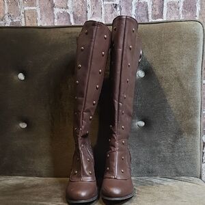 Womens Brown Over the Knee Studded Boots - Bow - Chunky Heel